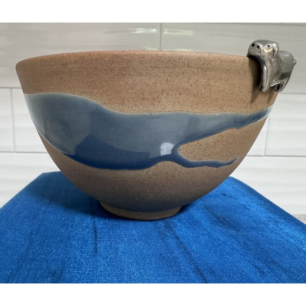 Vintage Rare Siam Celadon Thailand Pottery Wood Ash Glaze Bowl Metal Rim Pig NOS - Picture 3 of 14
